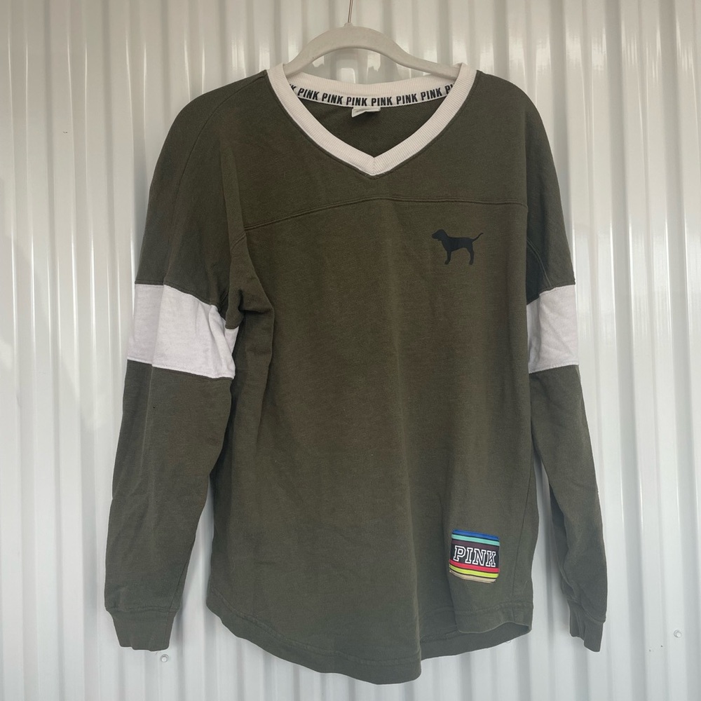 Victoria's Secret Pink Olive and White V-Neck Longsleeve